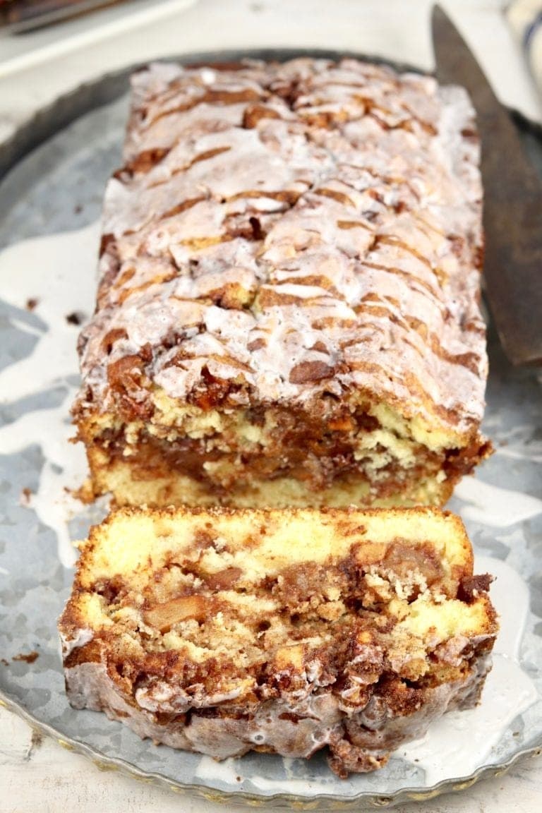 Sliced apple loaf loaded with caramel coated apple slices.