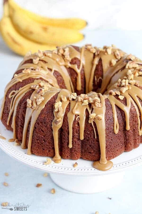 Banana bundt cake with brown sugar glaze with brown sugar glaze.