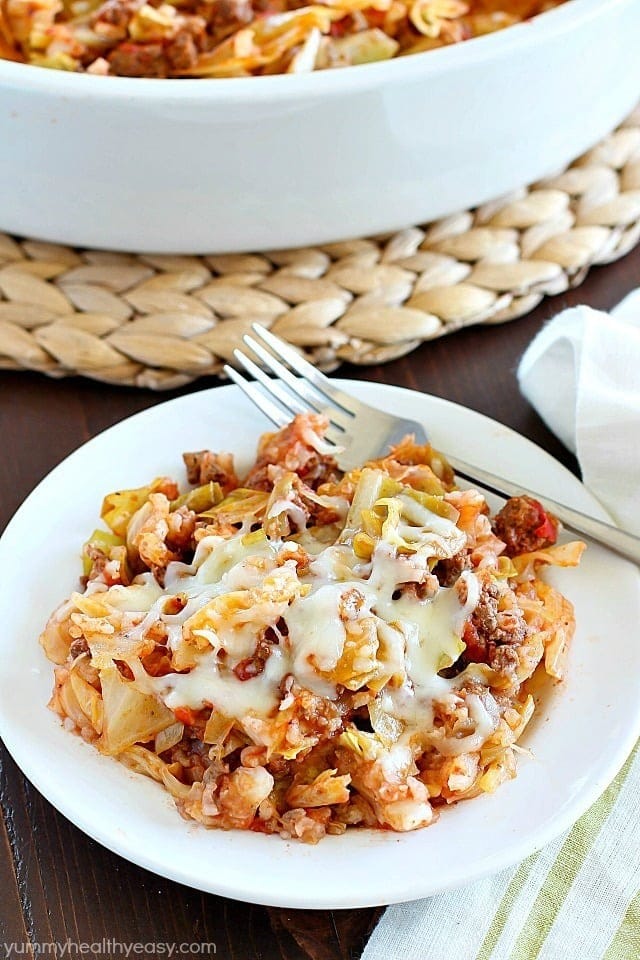 Beef cabbage roll casserole served on a white plate.