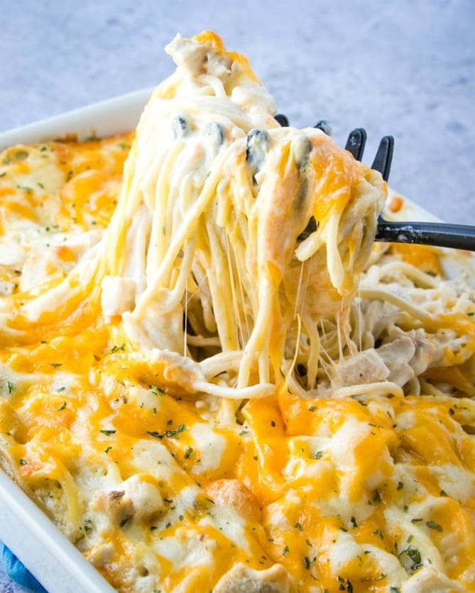 Gooey, Cheesy and Creamy Chicken Tetrazzini in a Casserole