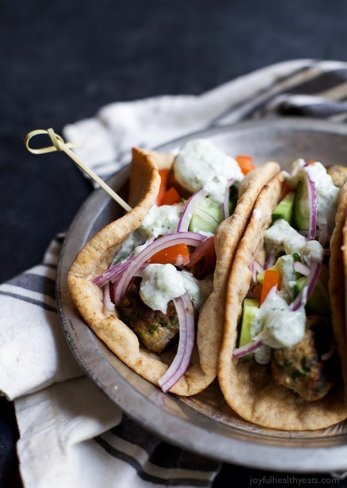 Flatbread with Greek turkey meatball gyros with tzatziki filling.