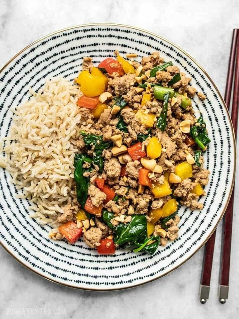 Stir fry ground turkey served with brown rice.