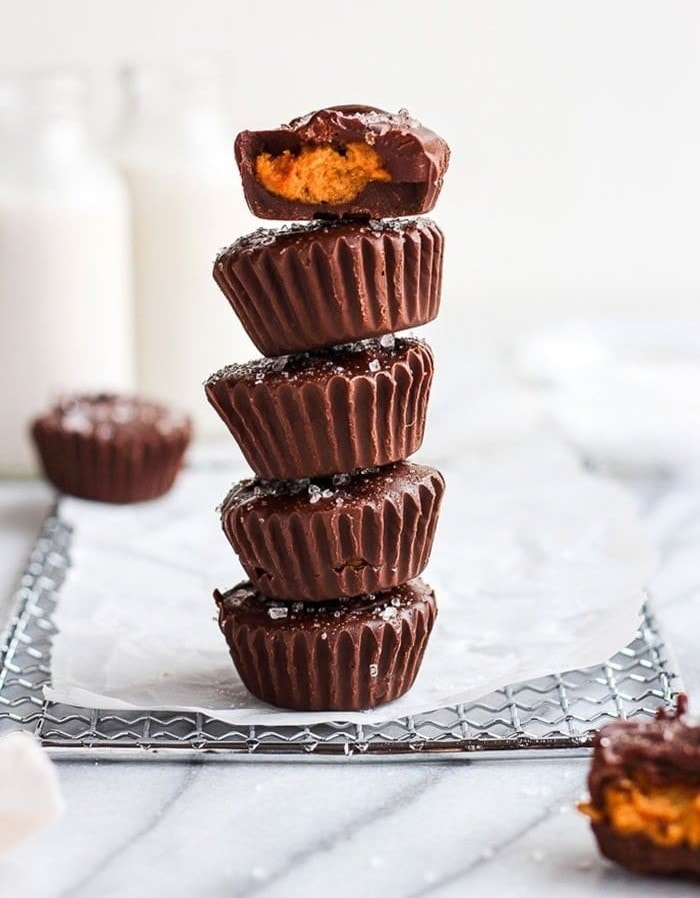 Tower of pumpkin peanut butter cups.