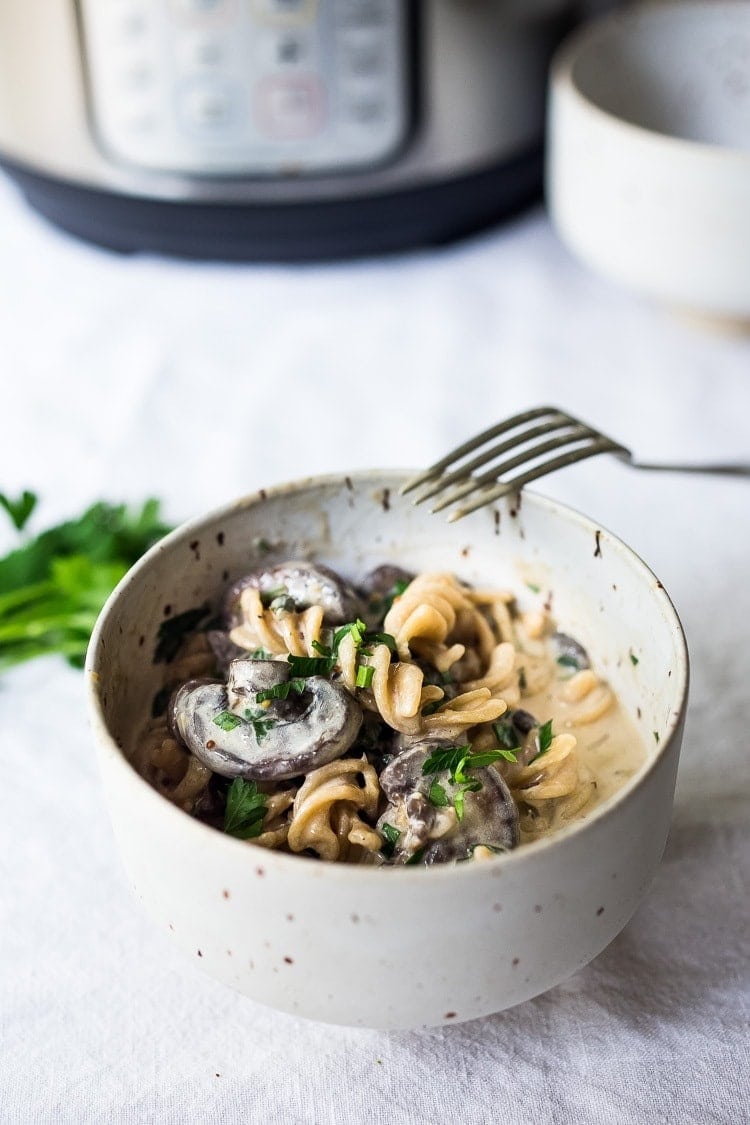 Mushroom stroganoff in a bowl.
