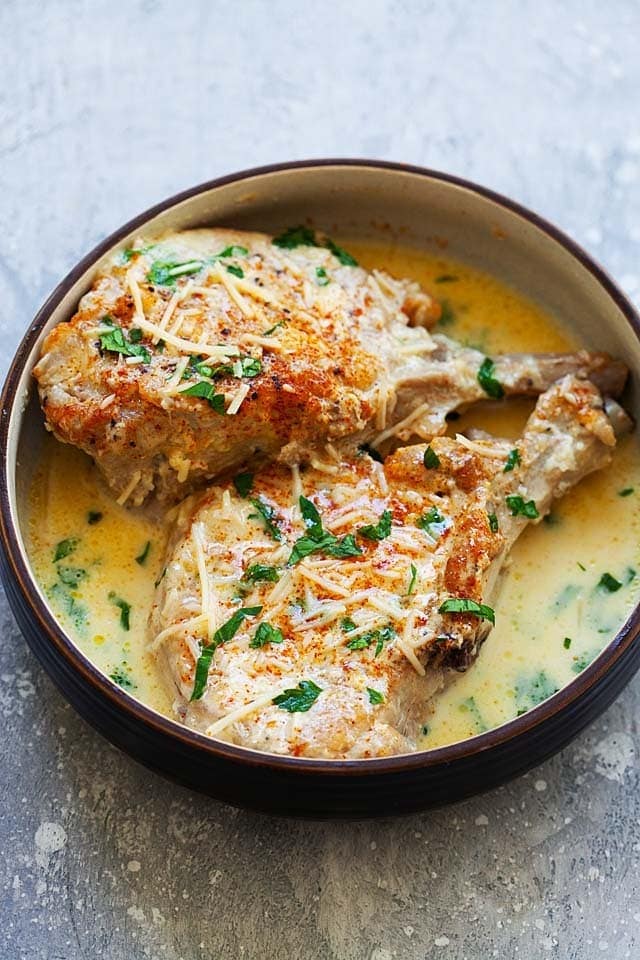 Pork chops with creamy sauce.