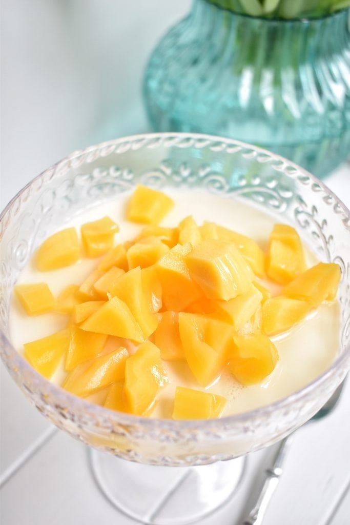 Jackfruit and coconut panna cotta on a dessert cup.