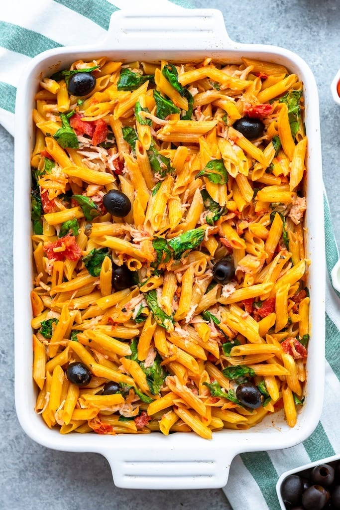 Pesto Chicken Pasta Bake on a Casserole