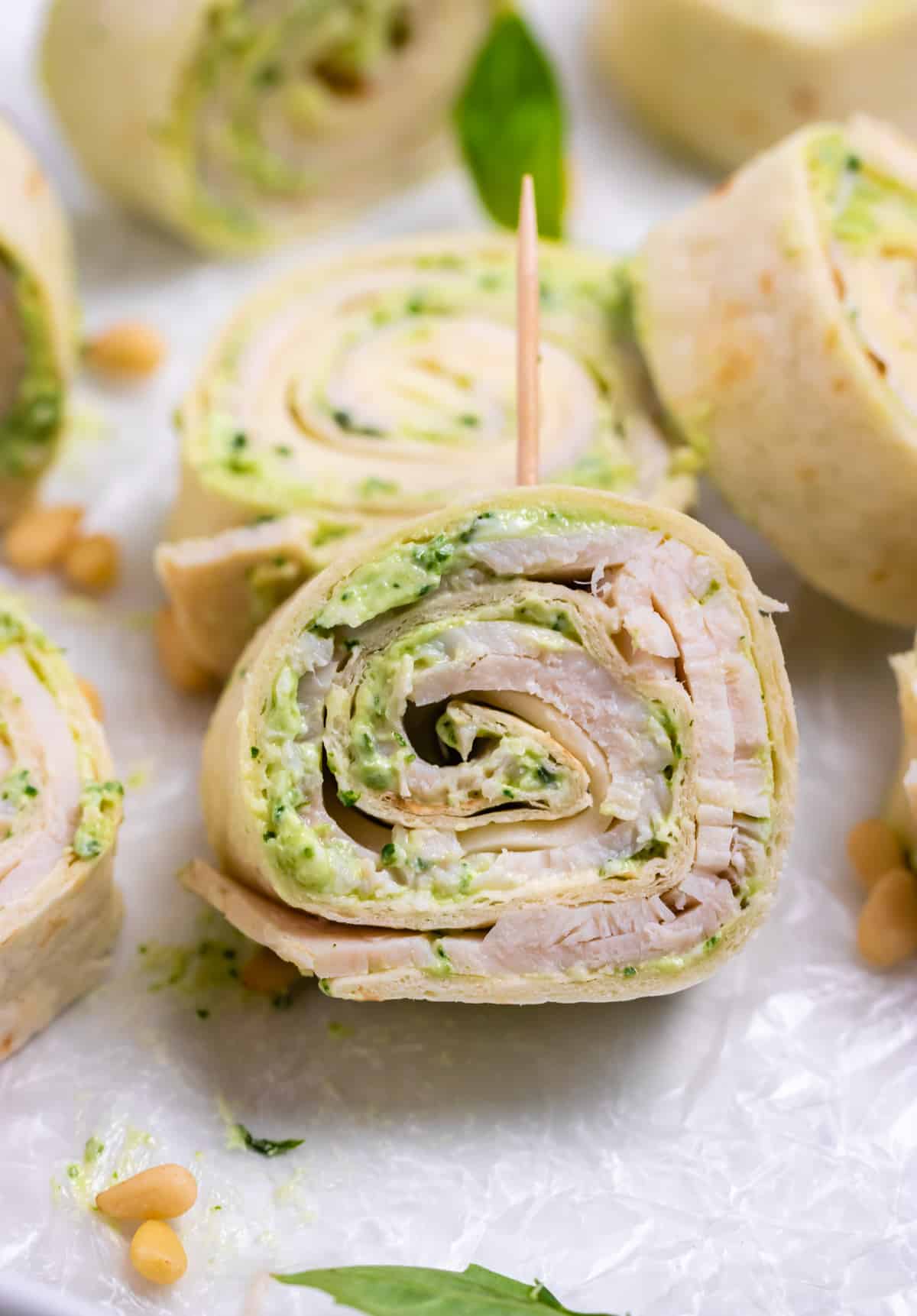 Homemade Appetizing Pesto Turkey Pinwheels with Smoked Provolone