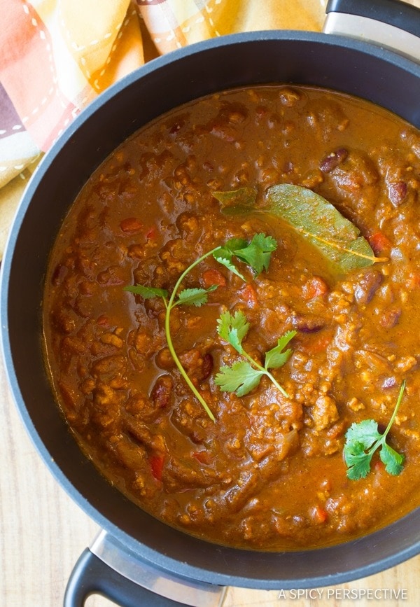 Pumpkin chili on a pot.