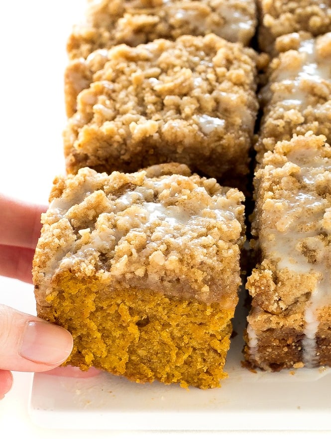 Pumpkin coffee cake sliced.