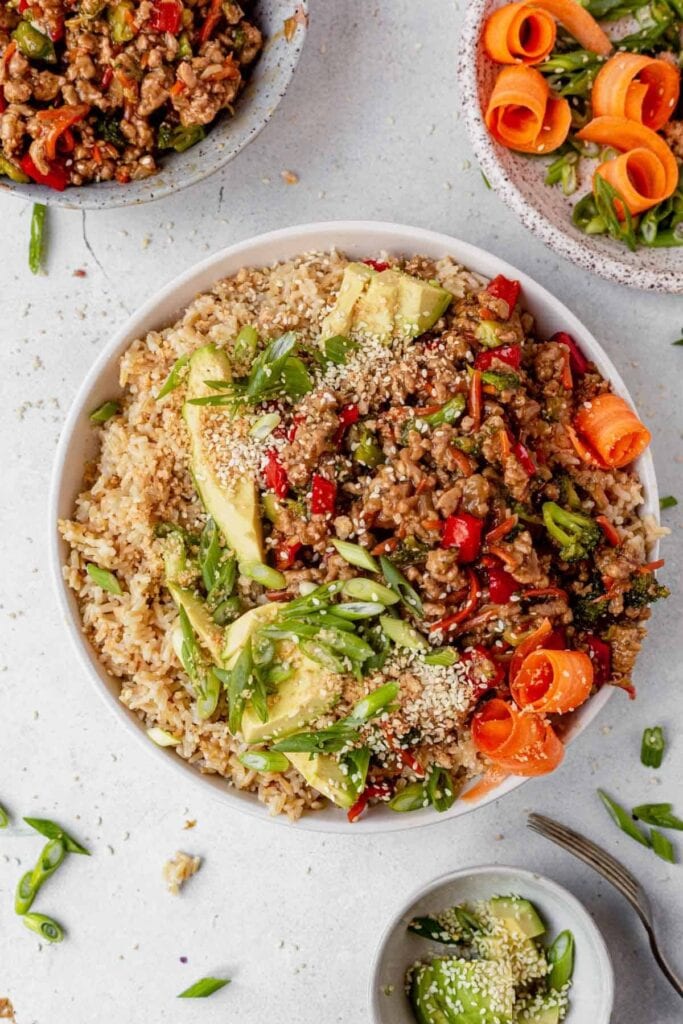 Turkey teriyaki rice bowl with mix of veggies, ground turkey, and sweet teriyaki glaze.