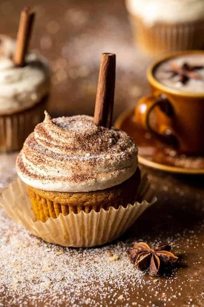 Vanilla chai pumpkin latte cupcakes with cinnamon brown sugar frosting.