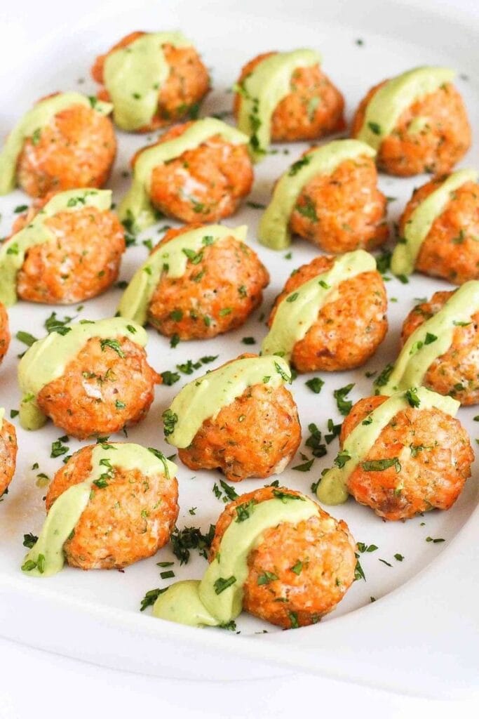 Baked Salmon Meatballs with Avocado Crema
