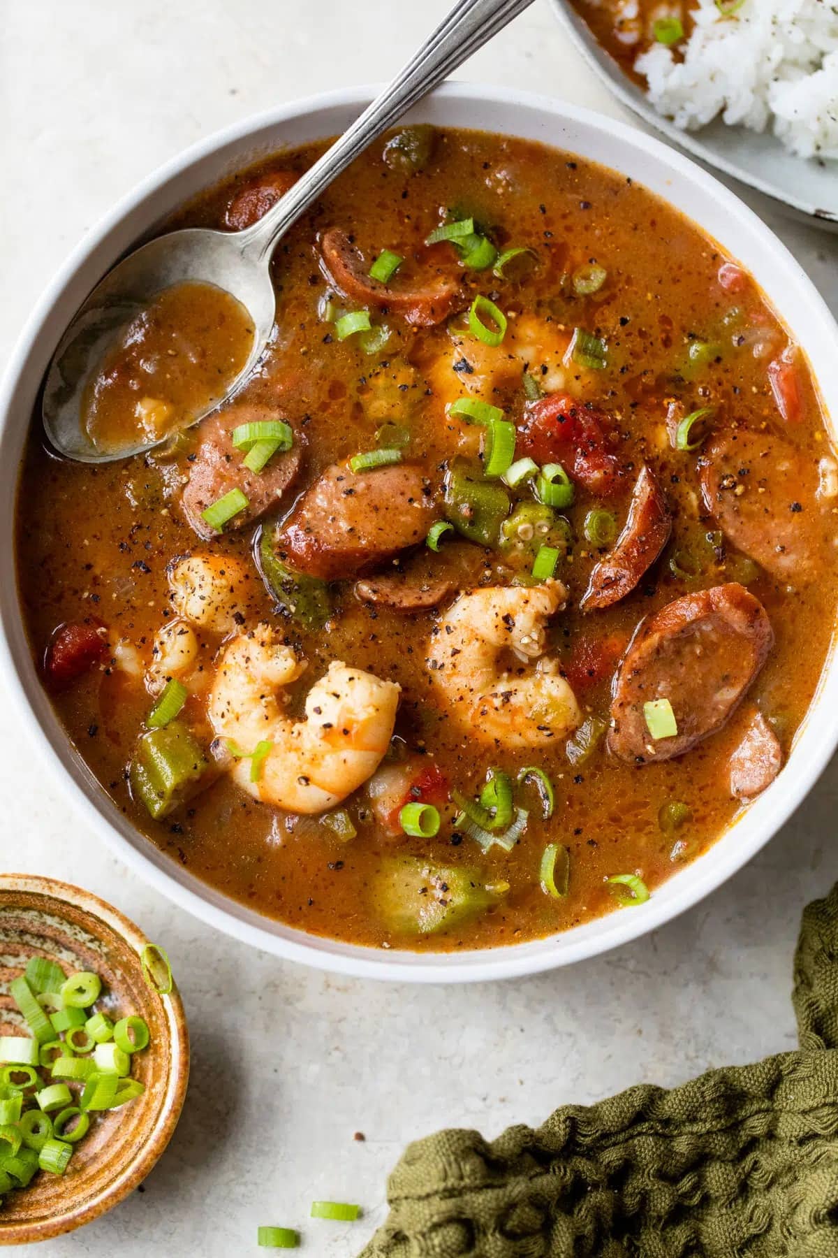 Bowl of homemade saucy Shrimp and Sausage Gumbo