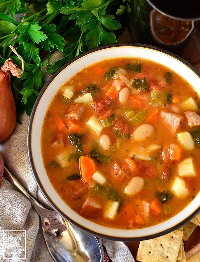 Top view of a bowl of Tuscan Sausage and Vegetable Stew